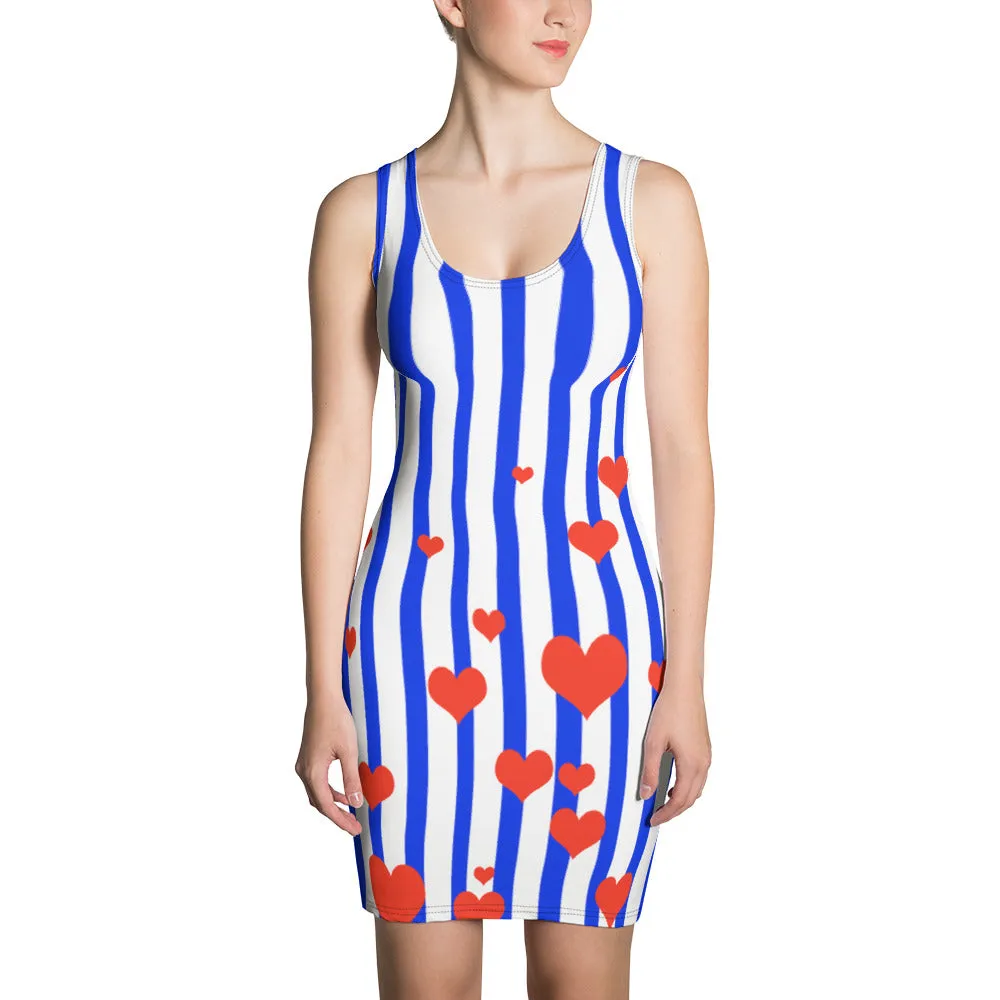 Blue Striped Women's Dress, American Patriotic Flag Inspired Designer Dress - Made in USA