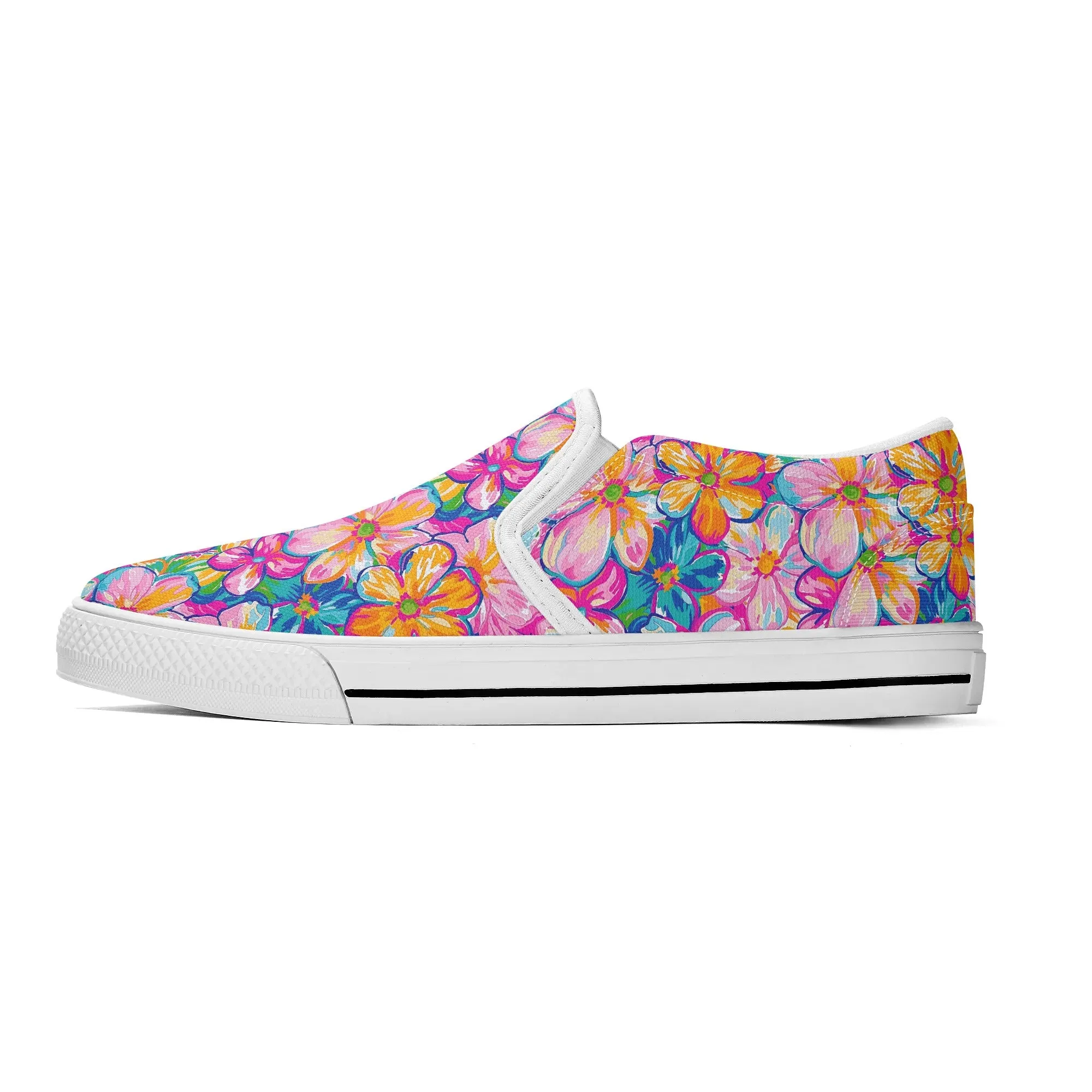 Chromatic Blossoms: Large Watercolor Flowers in Mixed Pinks, Blues, and Oranges Womens Canvas Slip On Shoes US5-US12