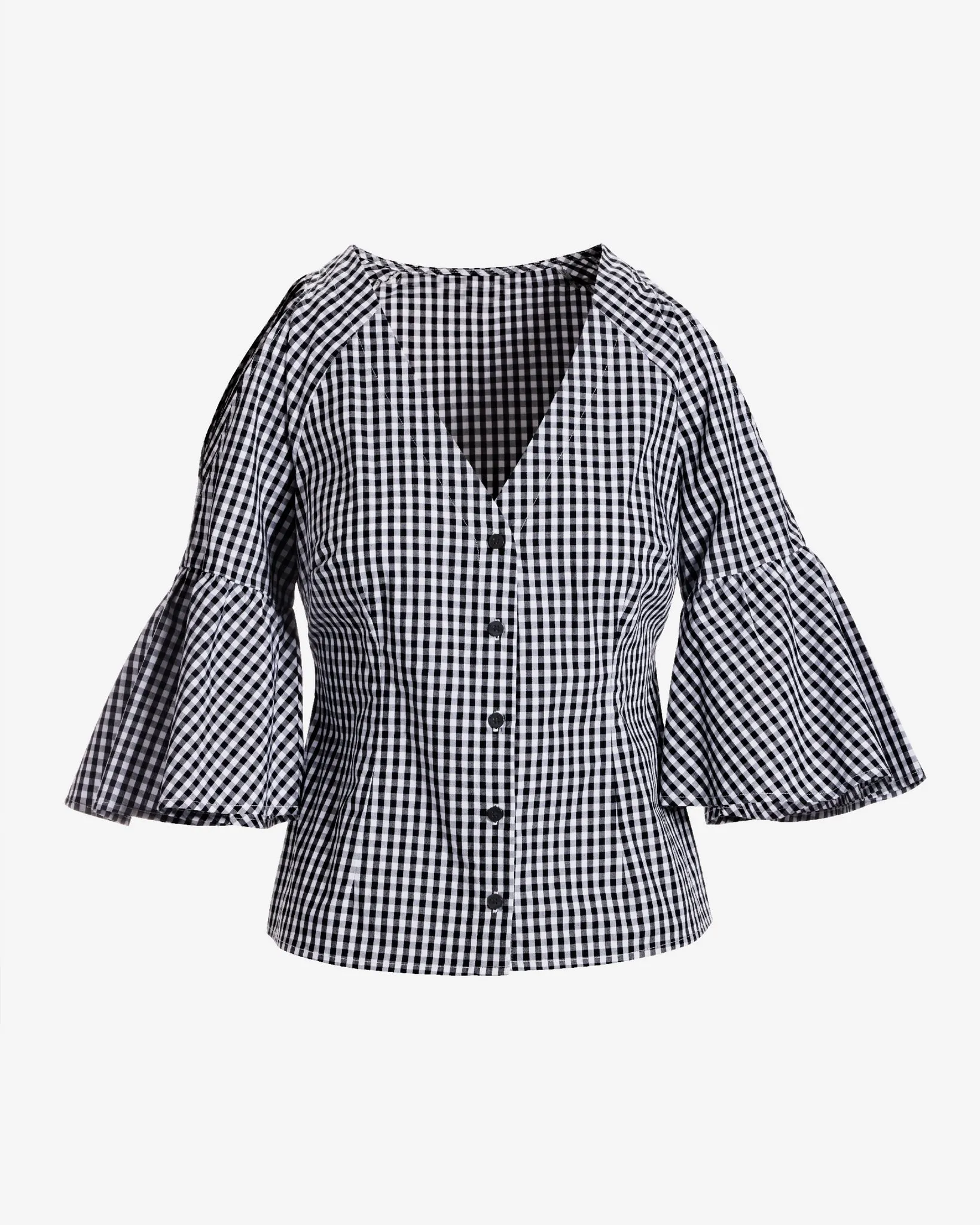 Cold Shoulder Print Button Up Top Black/White Gingham