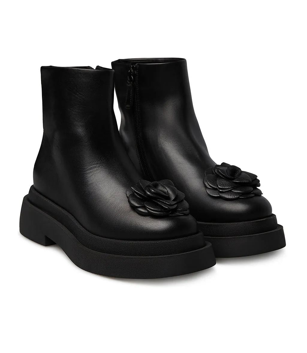 Flower embellished black calfskin ankle boots