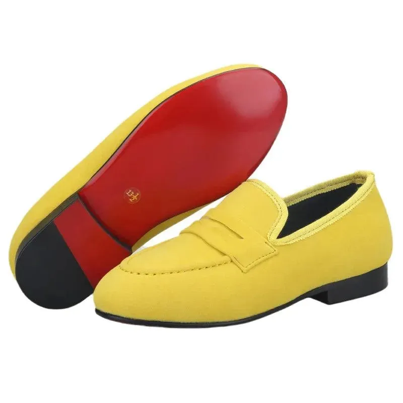Kids Loafers Velvet Parent-Child Penny Loafers with Vibrant Red Outsoles