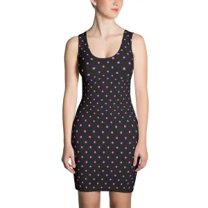 Pink Black Polka Dots Print Women's Long Premium Quality Sleeveless Dress-Made in USA/EU
