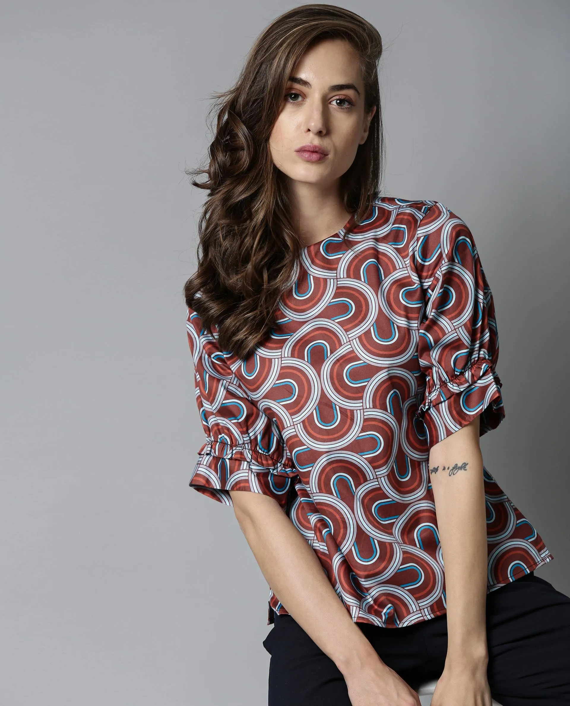 Rareism Women Jimmi Brown Cotton Fabric Regular Fit Round Neck Half Sleeves Print Top