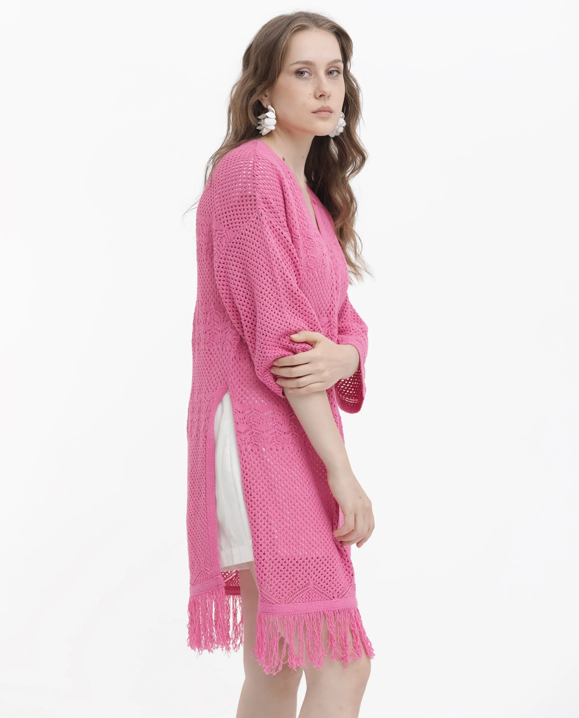 Rareism Women Mitsuko Pink Cotton Fabric 3/4Th Sleeves Button Closure Key Hole Neck Relaxed Fit Plain Knee Length Dress