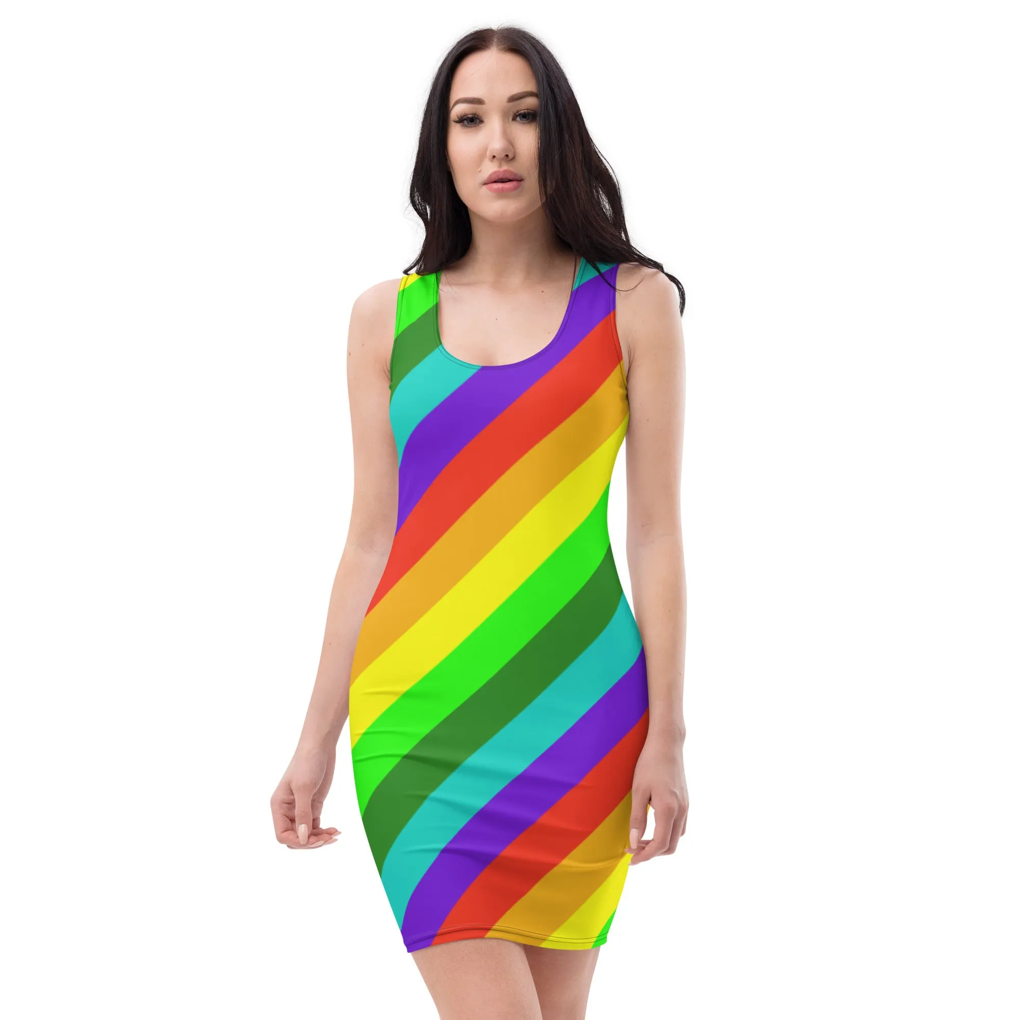 Striped Rainbow Pride Dress, Diagonal Rainbow Stripe Pride Dress For Women - Made in USA/EU