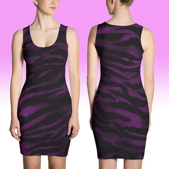 Tiger Striped Animal Print Dress, Women's Sleeveless Royal Purple Tank Dress - Made in USA/EU