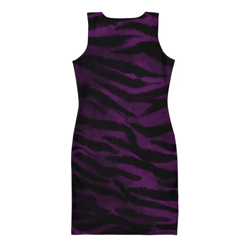Tiger Striped Animal Print Dress, Women's Sleeveless Royal Purple Tank Dress - Made in USA/EU