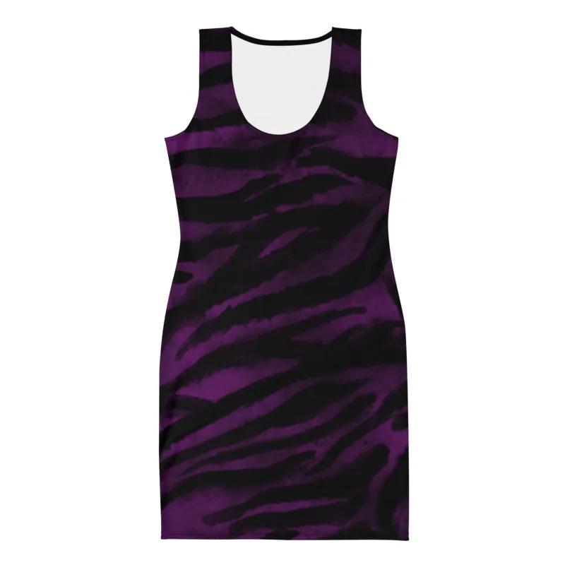 Tiger Striped Animal Print Dress, Women's Sleeveless Royal Purple Tank Dress - Made in USA/EU