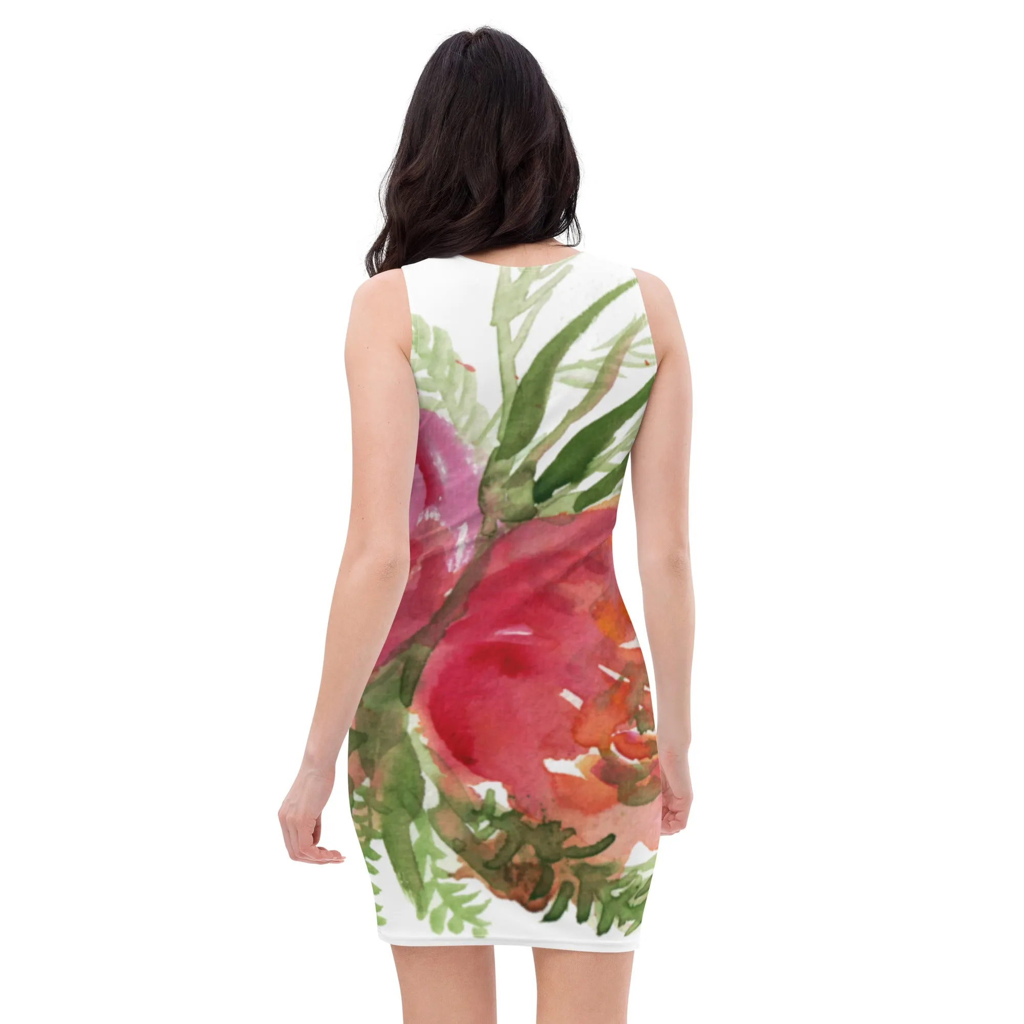 White Green Rose Dress, Red Spring Rose Floral Print Long Sleeveless Women's Dress-Made in USA/EU